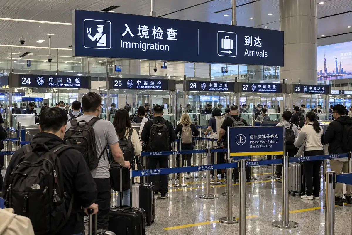 Comptoirs de l'immigration dans un aéroport chinois, où sont contrôlés le visa Chine et la carte d'arrivée