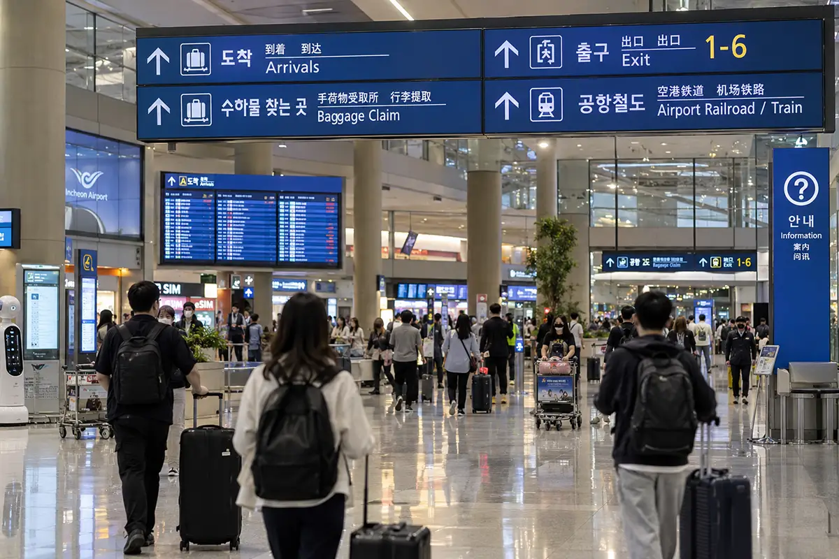 Hall d'arrivée de l'aéroport d'Incheon, où sont contrôlés le K-ETA et l'e-Arrival Card
