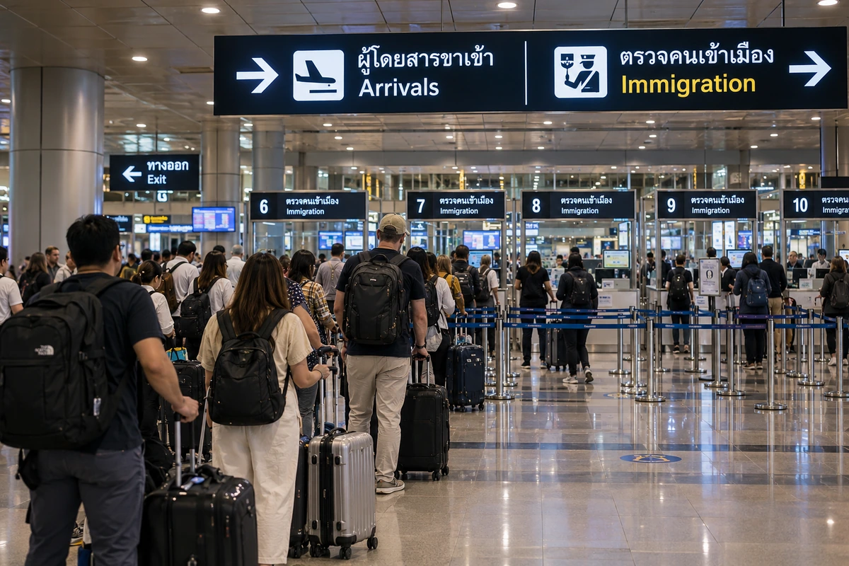 Voyageurs à l'immigration d'un aéroport en Thaïlande, où la TDAC et le visa Thaïlande sont contrôlés