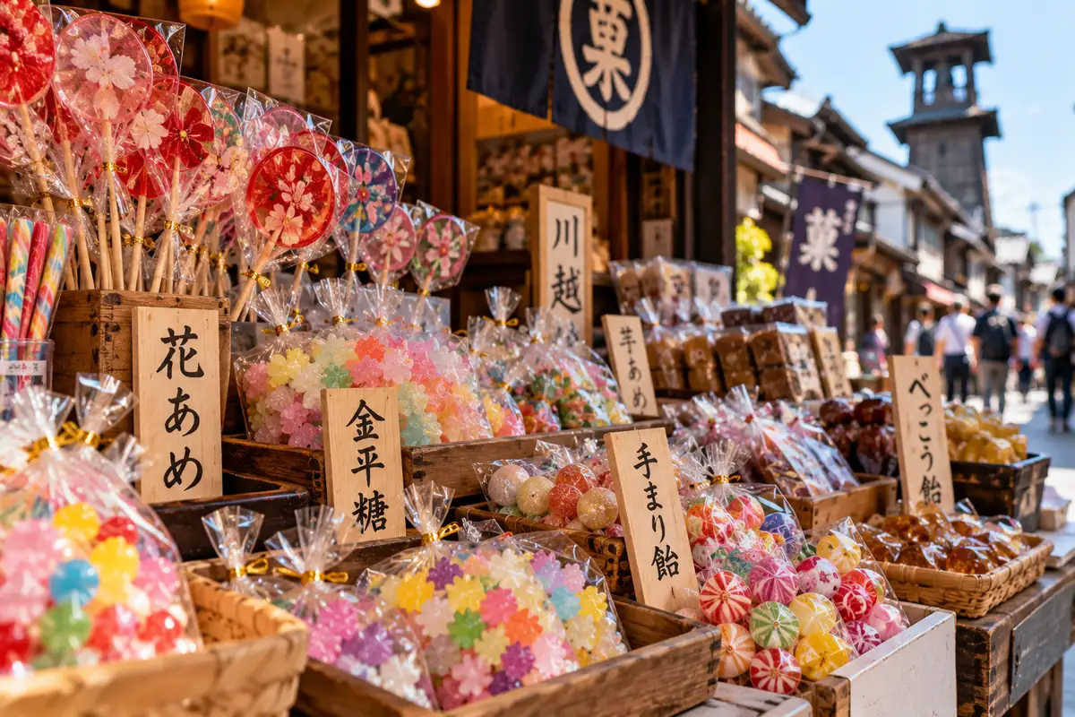 Étal de bonbons traditionnels dans la ruelle Kashiya Yokocho à Kawagoe