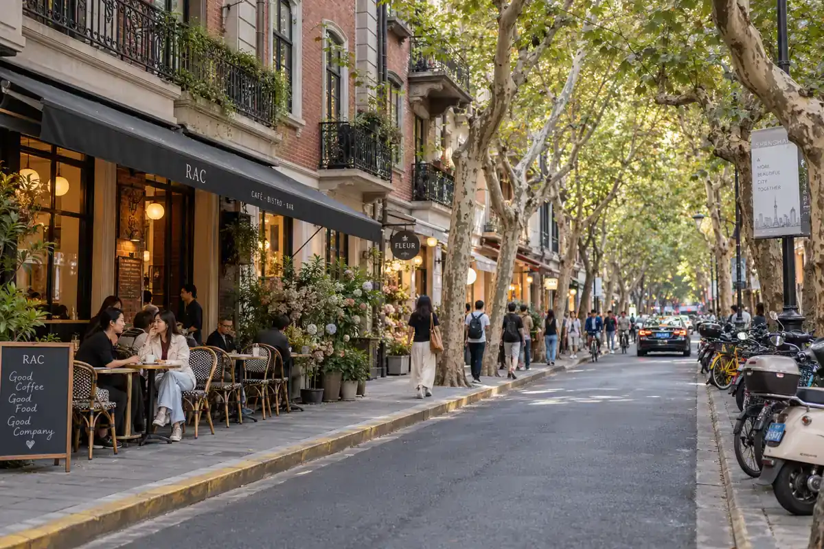 Rue bordée de platanes dans l'ancienne concession française de Shanghai, pour choisir où loger en Chine