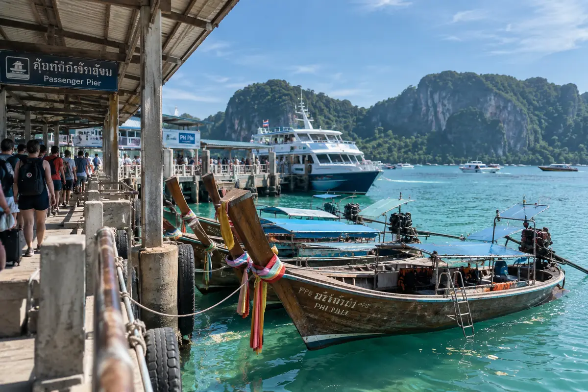 Embarcadère avec des bateaux sur une île thaïlandaise
