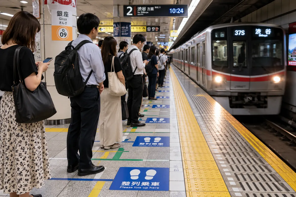 Voyageurs en file sur un quai de métro au Japon, derrière les marquages au sol
