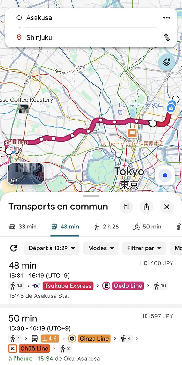Itinéraire en transports à Tokyo dans Google Maps, l'une des applis voyage Japon indispensables