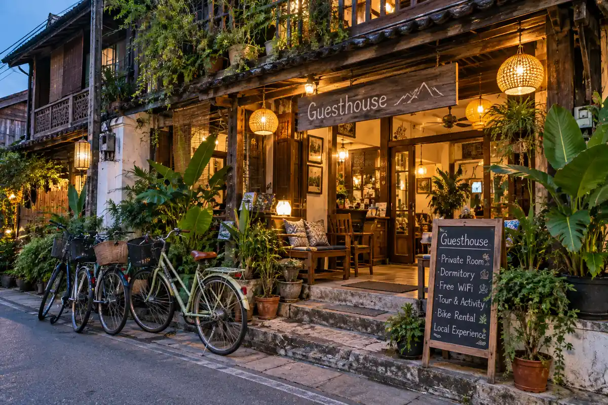 Entrée d'une guesthouse dans la vieille ville de Chiang Mai avec des vélos garés devant
