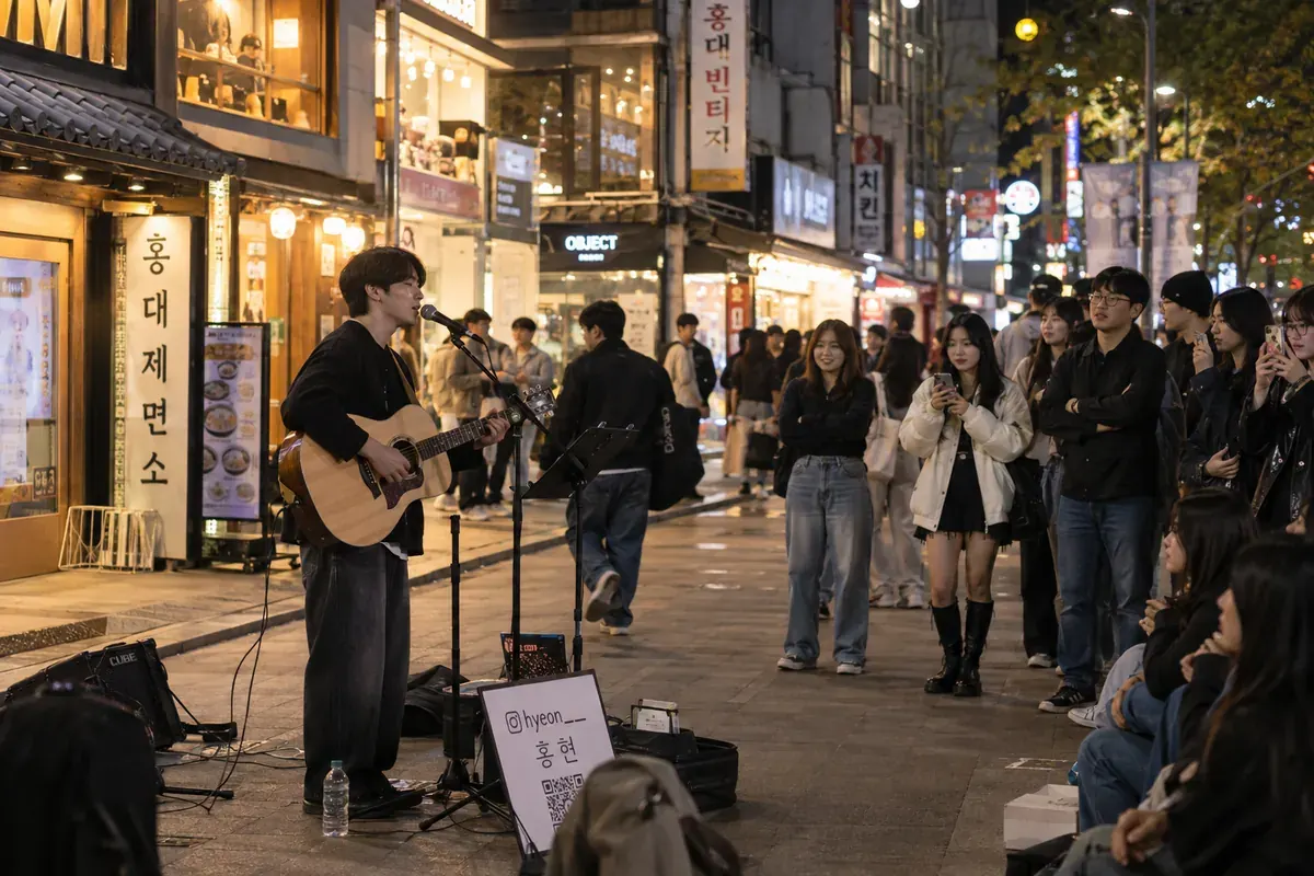 Musicien de rue le soir à Hongdae, un quartier animé pour savoir où loger en Corée du Sud