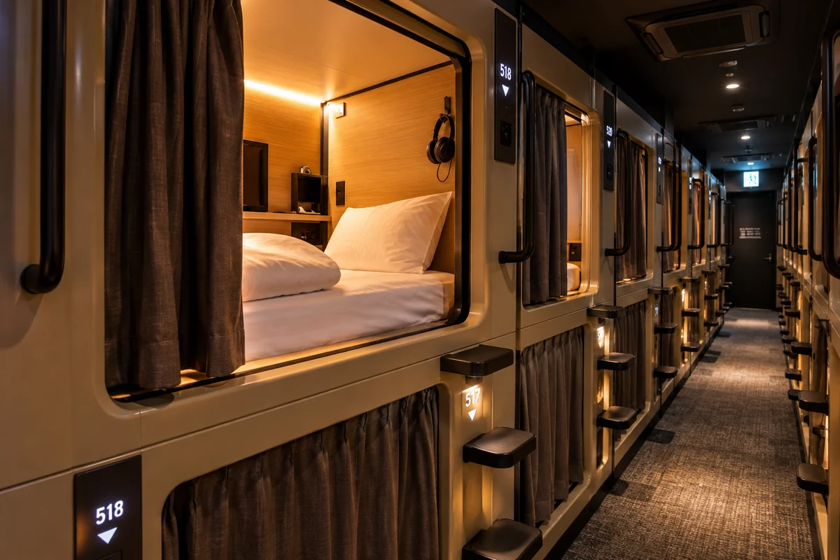 Rangée de capsules dans un hôtel capsule au Japon