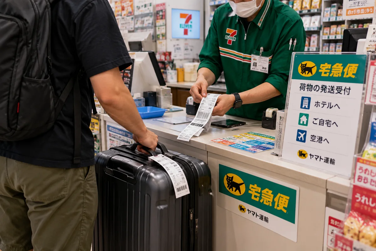 Envoi d'une valise depuis une supérette pour préparer un voyage au Japon sans bagages encombrants