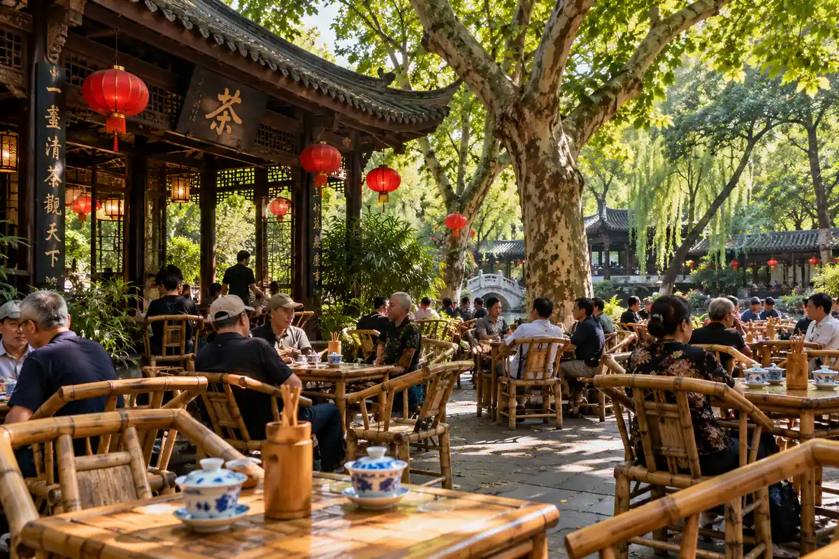 Maison de thé en plein air dans un parc de Chengdu