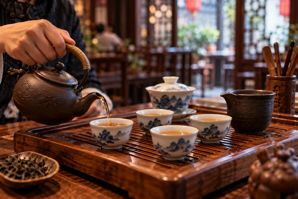 Théière et petites tasses dans une maison de thé, lieu de l'arnaque la plus connue en Chine