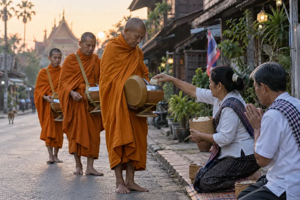 Moines recevant des offrandes au petit matin, un moment clé du savoir-vivre en Thaïlande