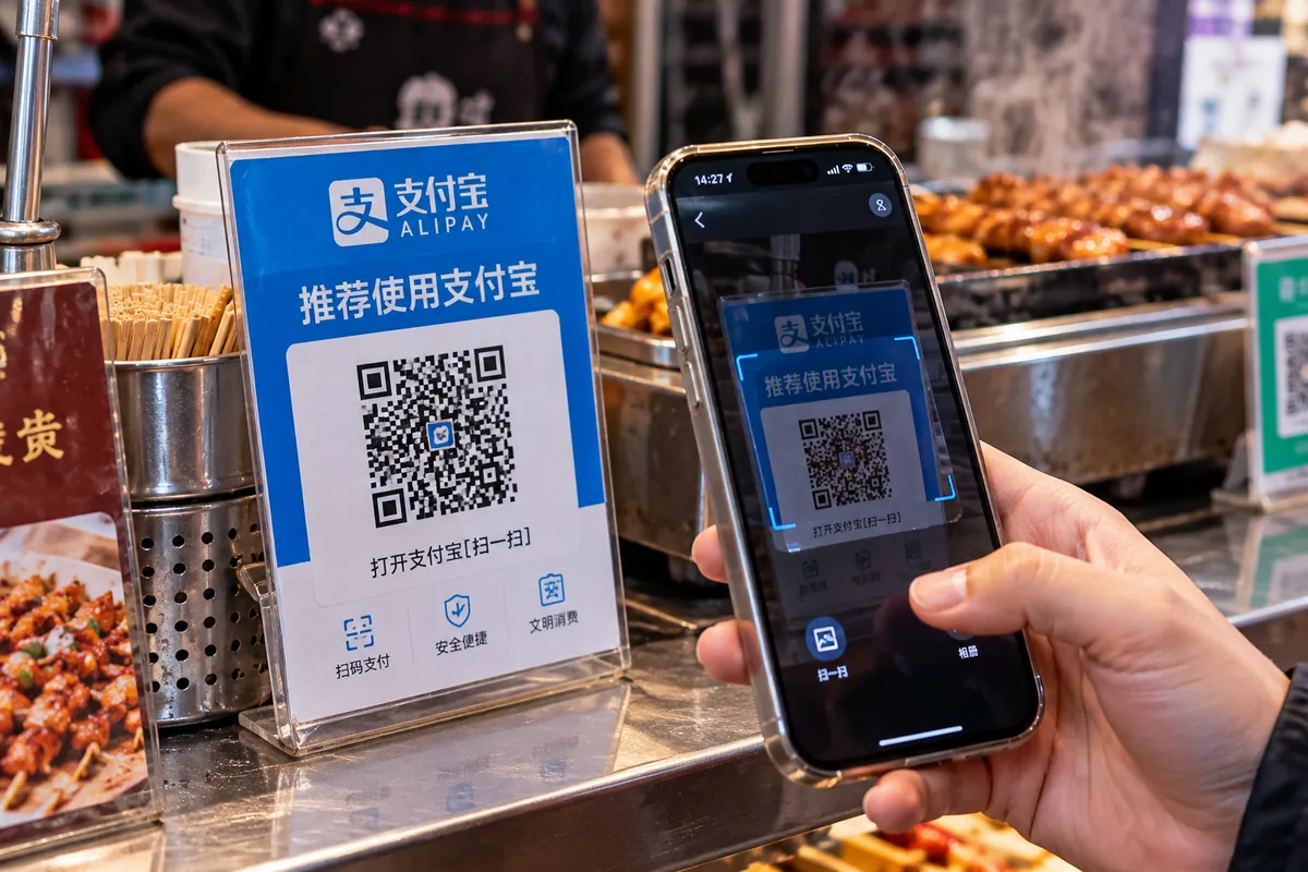 Paiement par QR code avec un smartphone sur un stand de rue en Chine