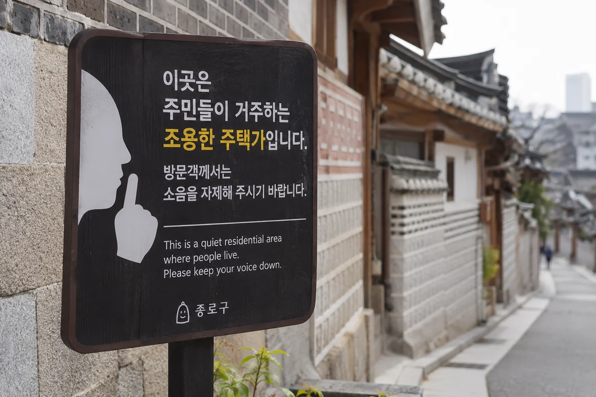 Panneau demandant le silence aux visiteurs dans une ruelle de Bukchon à Séoul
