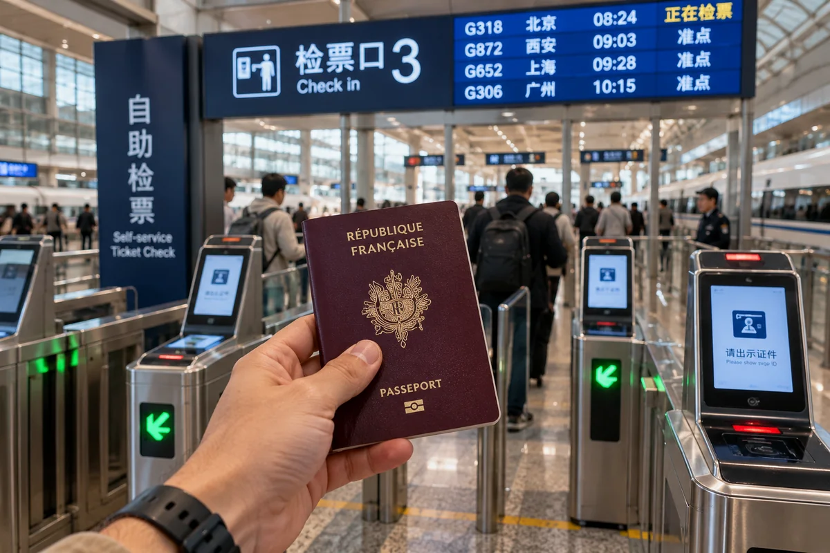 Passeport présenté au contrôle d'une gare chinoise, indispensable pour un voyage en Chine