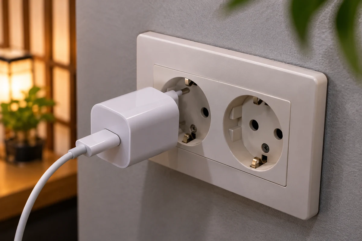 Chargeur européen branché directement sur une prise coréenne, sans adaptateur, pour un voyage en Corée du Sud
