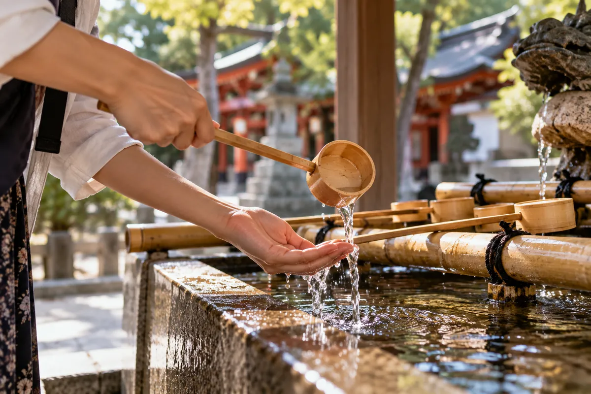 Rituel de purification des mains au bassin d'un sanctuaire shinto au Japon
