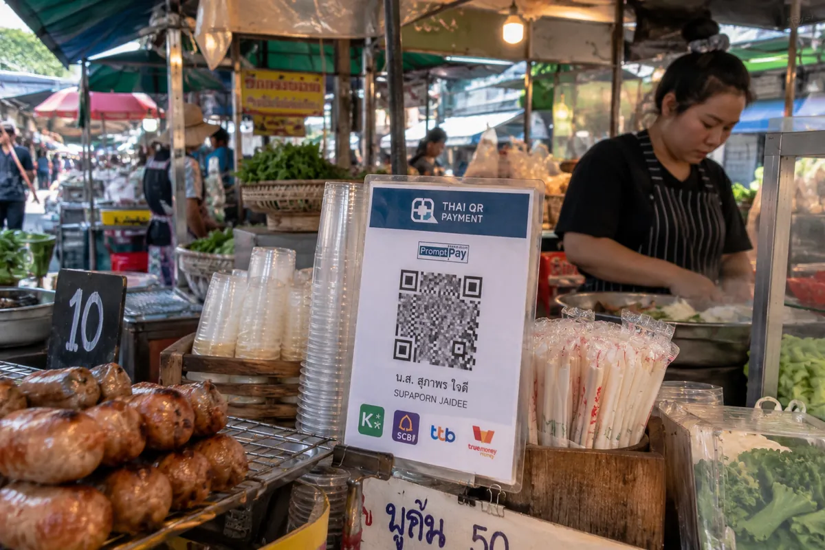 QR code de paiement sur un stand de marché en Thaïlande