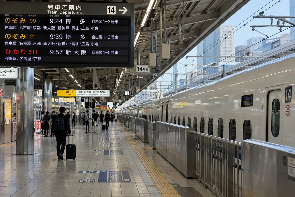 Quai de shinkansen au Japon avec un train à grande vitesse en gare