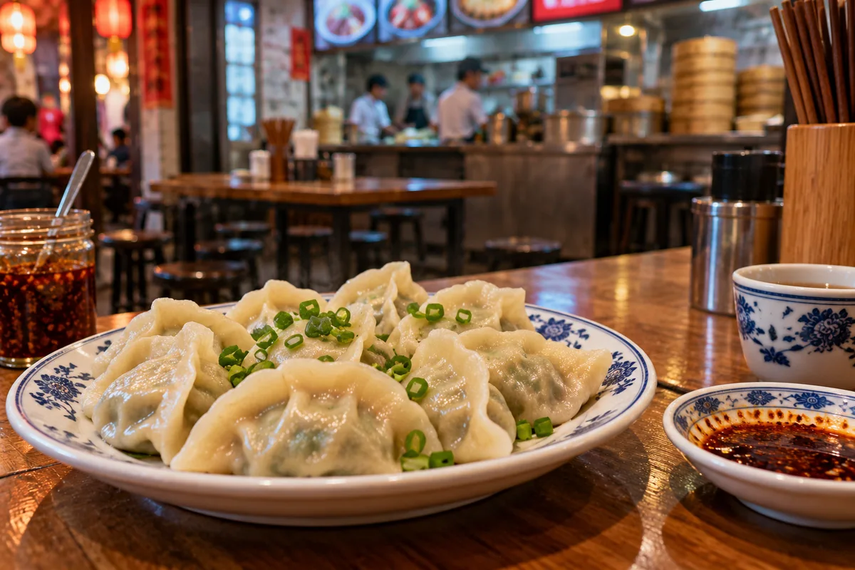 Raviolis chinois dans un petit restaurant, idéal pour un petit budget voyage Chine