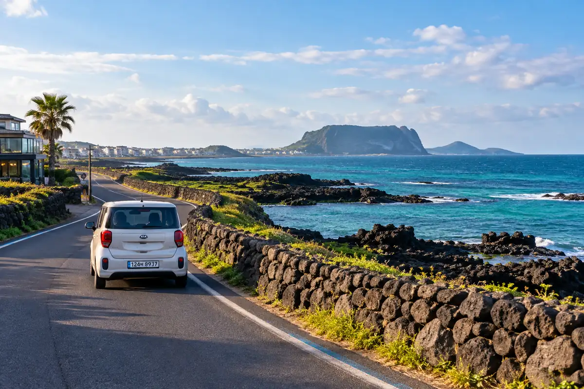 Voiture sur une route côtière de Jeju bordée de murets en pierre volcanique