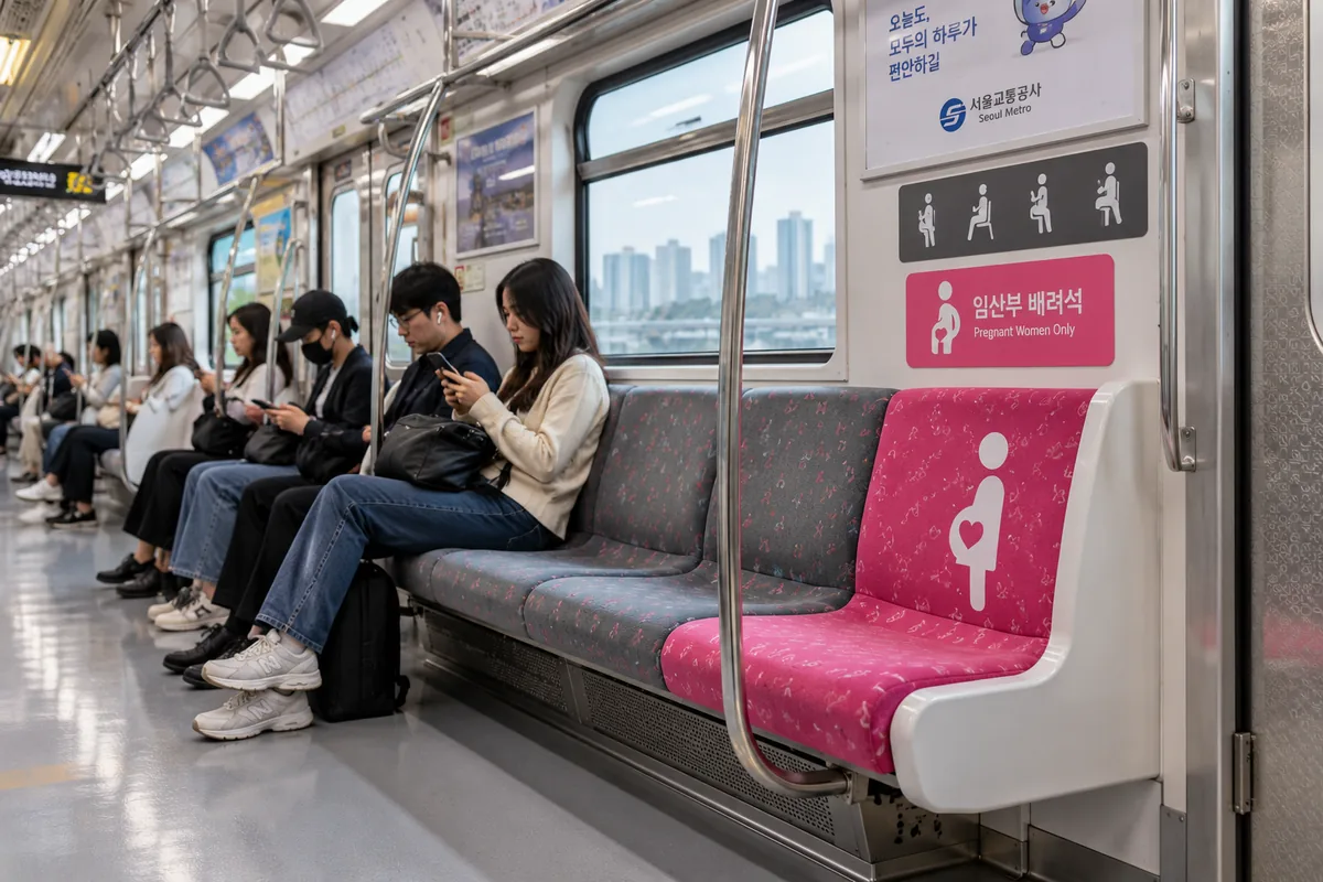 Siège rose réservé aux femmes enceintes dans le métro de Séoul