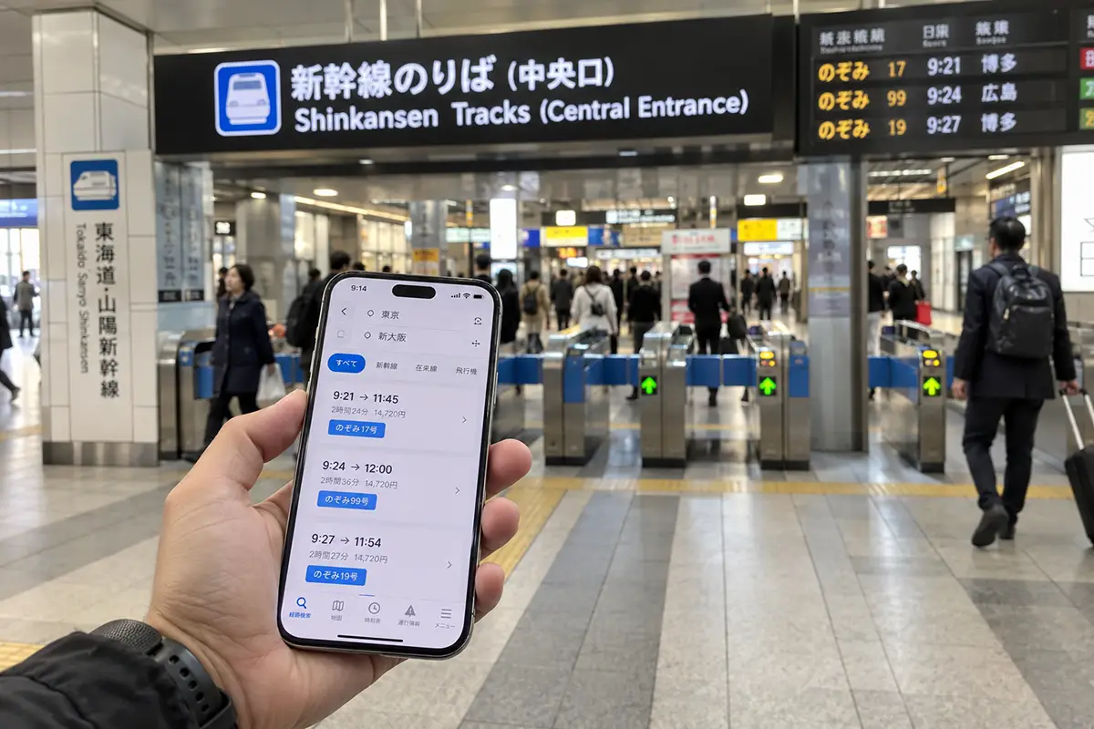 Voyageur utilisant son smartphone connecté avec une eSIM Japon dans une gare de Tokyo