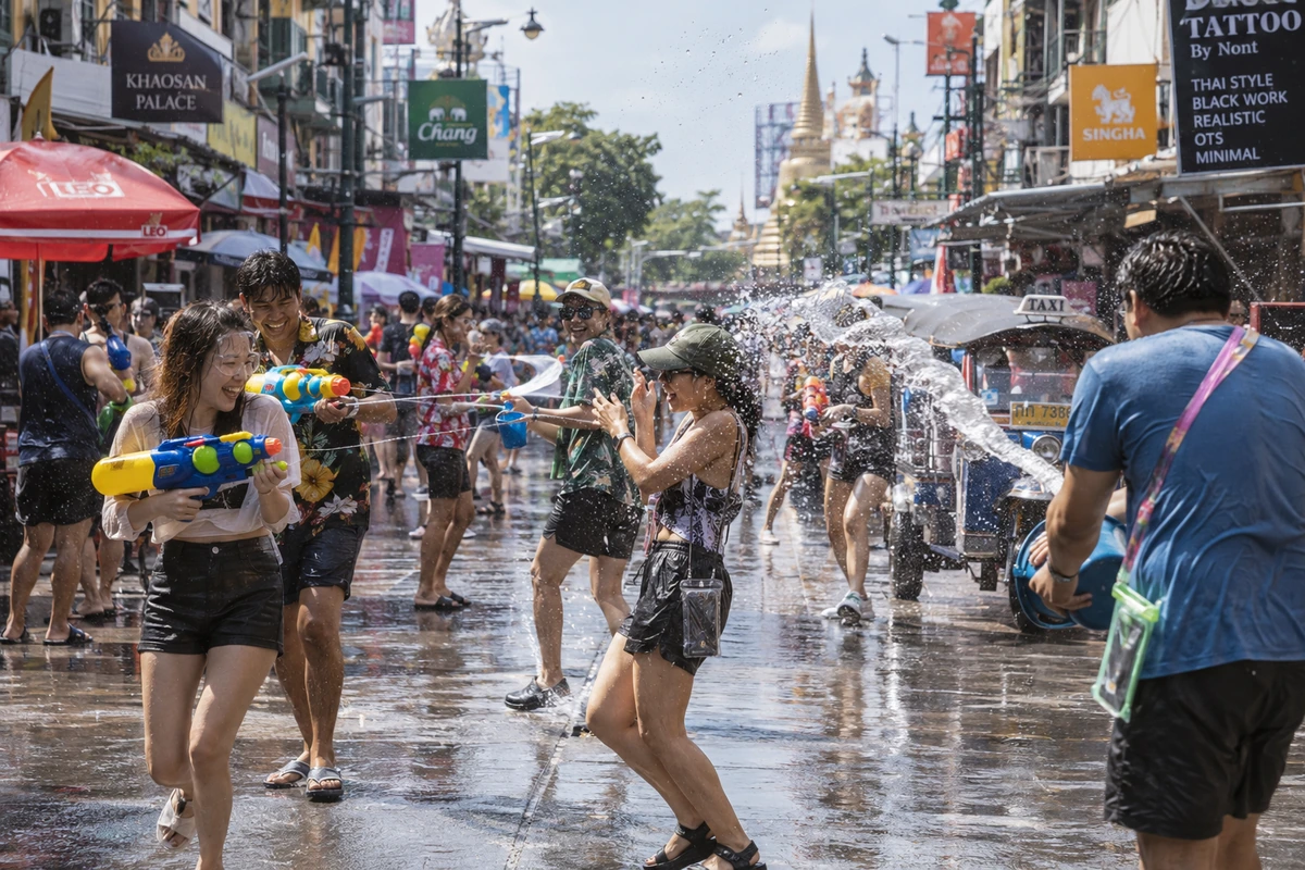 La fête de Songkran en Thaïlande, avec des batailles d'eau dans les rues